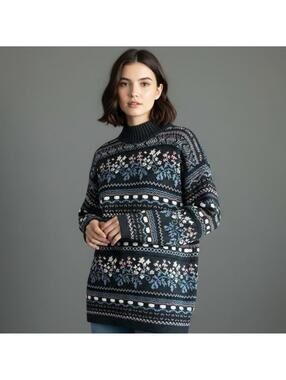 Dana Scott Grannycore Nordic Sweater Small Grey White Mock Neck Gorpcore Vintage